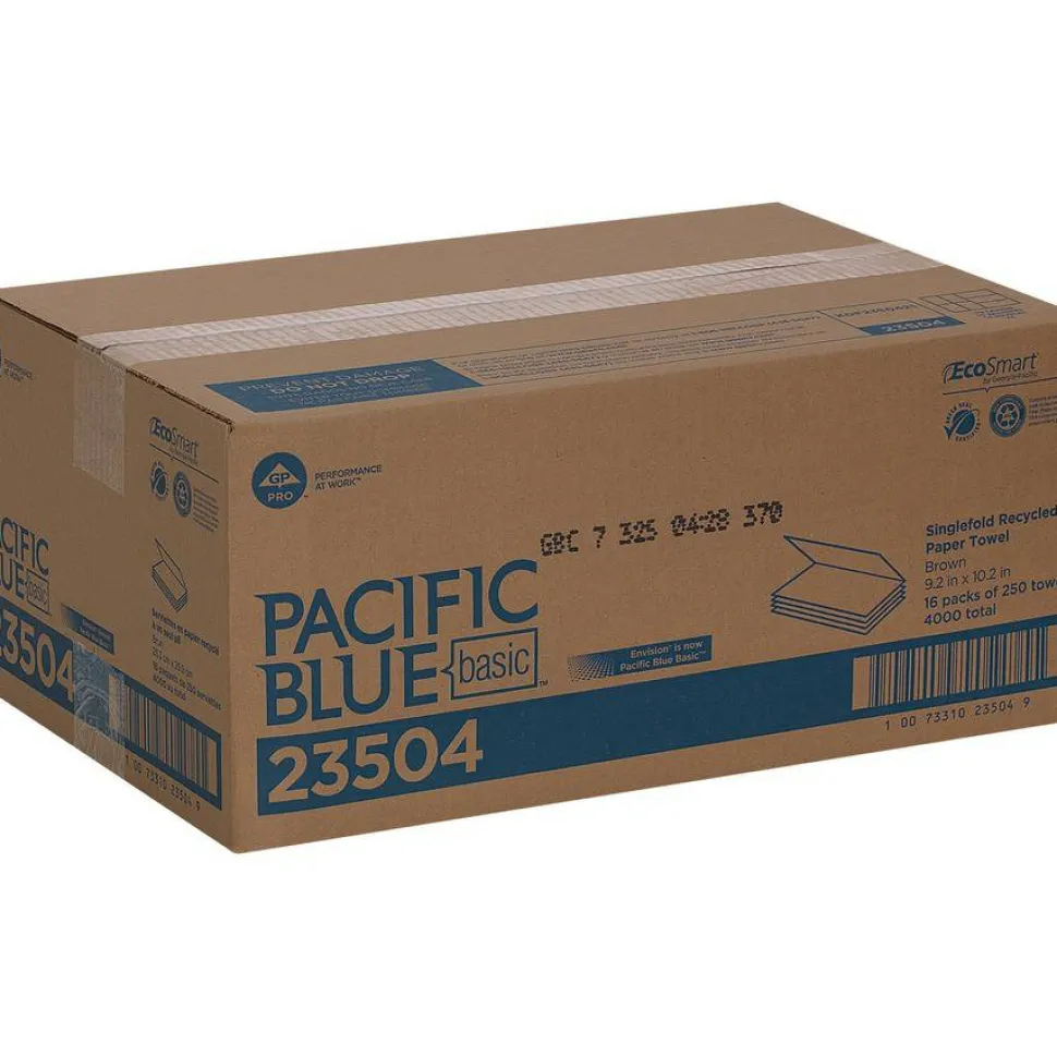 Pacific Blue Basic by GP PRO, 1-Ply, S-Fold Paper Towels, 9.25" X 9.9", 100% Recycled, Brown, 250 Sheets per Pack, 16 Packs Per Case