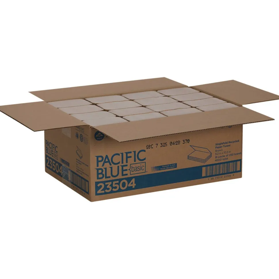 Pacific Blue Basic by GP PRO, 1-Ply, S-Fold Paper Towels, 9.25" X 9.9", 100% Recycled, Brown, 250 Sheets per Pack, 16 Packs Per Case