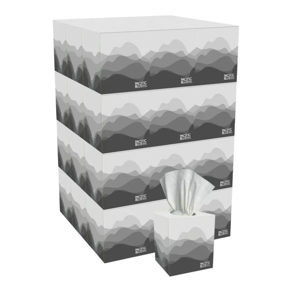 Pacific Blue Basic 2-Ply Facial Tissues, Cube Box, White, 100% Recycled Fiber, 86 Tissues Per Box, 36 Boxes Per Case