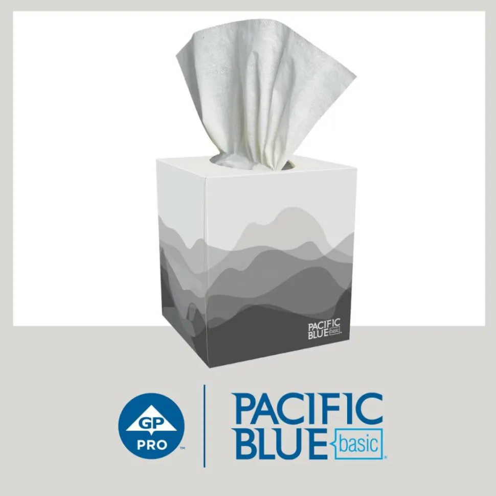 Pacific Blue Basic 2-Ply Facial Tissues, Cube Box, White, 100% Recycled Fiber, 86 Tissues Per Box, 36 Boxes Per Case