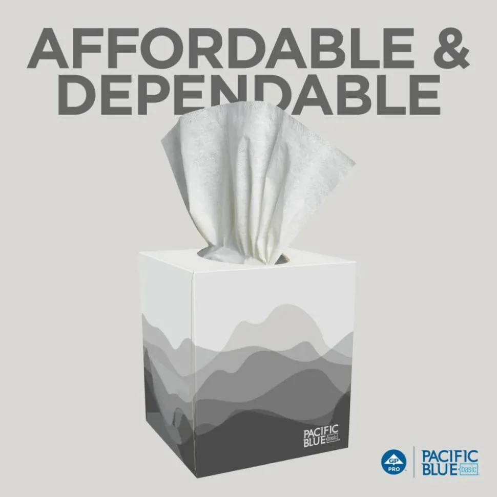 Pacific Blue Basic 2-Ply Facial Tissues, Cube Box, White, 100% Recycled Fiber, 86 Tissues Per Box, 36 Boxes Per Case