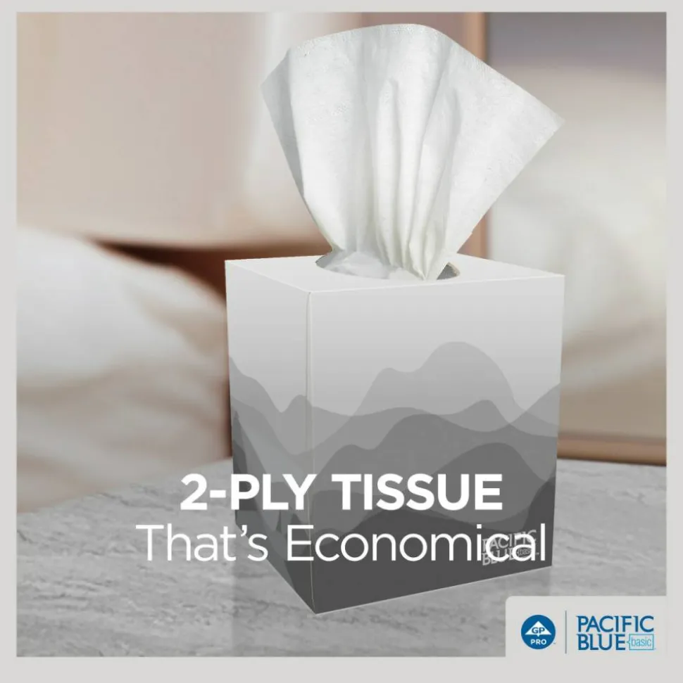Pacific Blue Basic 2-Ply Facial Tissues, Cube Box, White, 100% Recycled Fiber, 86 Tissues Per Box, 36 Boxes Per Case