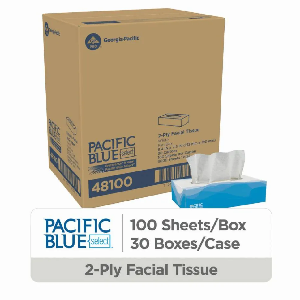 Pacific Blue Select 2-Ply Facial Tissue, Flat Box, White, 10% Recycled Fiber, 30 Boxes Per Case, 100 Sheets Per Box