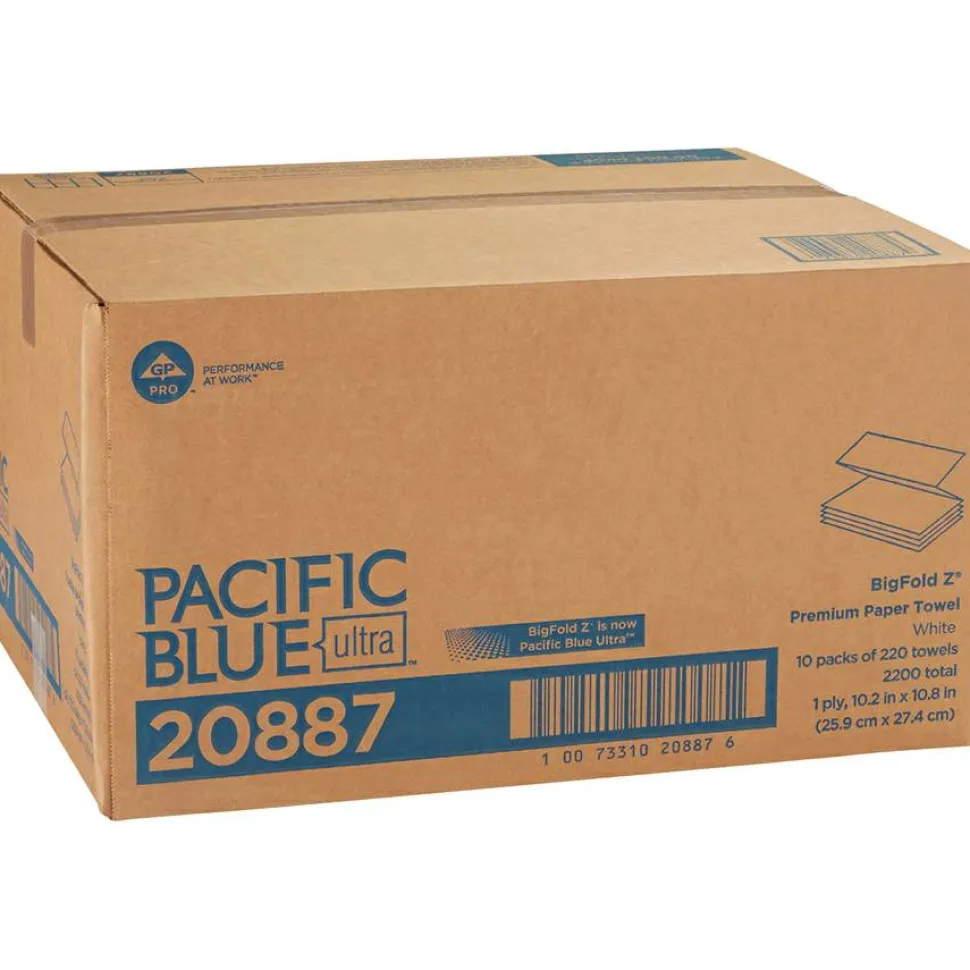 Pacific Blue Ultra by GP PRO, 1-Ply, Z-Fold Paper Towels, 10.2" X 10.8", White, 220 Sheets per Pack, 10 Packs Per Case