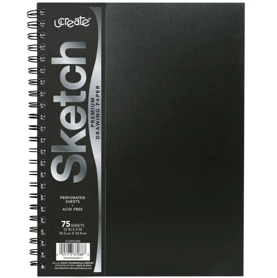 Pacon UCreate Poly Cover Sketch Book, 43 lb Cover Paper Stock, Black Cover, (75) 12 x 9 Sheets