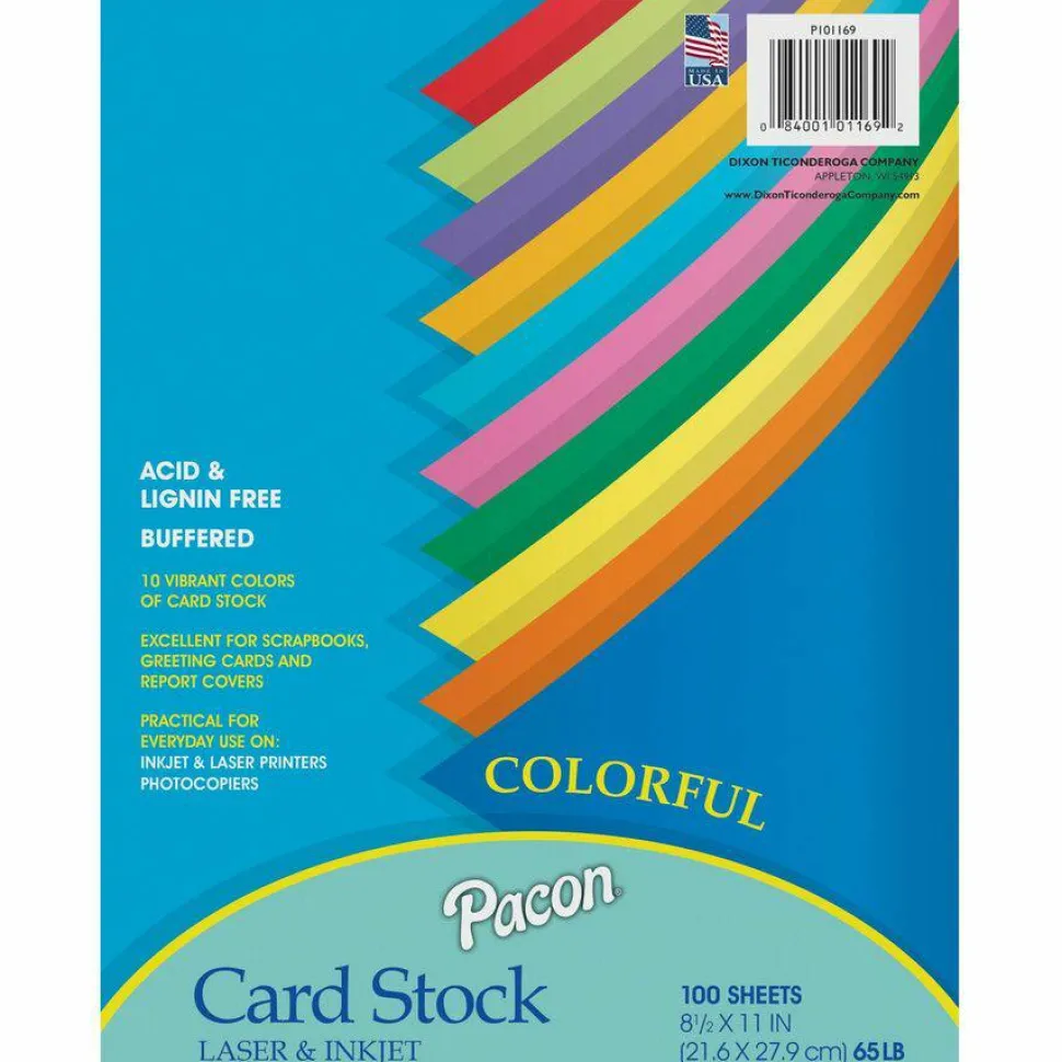 Pacon Array Card Stock, 65 lb Cover Weight, 8.5 x 11, Assorted Bright Colors, 100/Pack