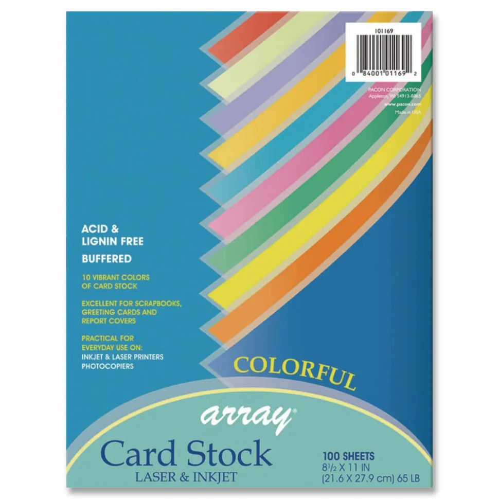 Pacon Array Card Stock, 65 lb Cover Weight, 8.5 x 11, Assorted Bright Colors, 100/Pack
