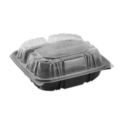 Pactiv Evergreen EarthChoice Vented Dual-Color Microwavable Hinged-Lid Containers, 3-Compartment, 33 Oz,Black/Clear, Pack Of 150 - DC858330B000