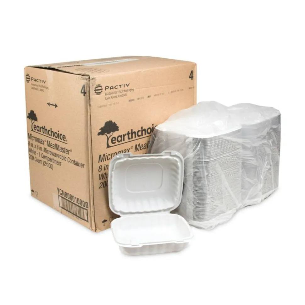 Pactiv Evergreen EarthChoice SmartLock Microwavable MFPP Hinged Lid Containers, 3-1/8”H x 8-5/16”W x 8-3/8”D, White, Carton Of 200 Containers