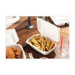 Pactiv Evergreen EarthChoice Vented Microwavable MFPP Hinged Lid Containers, 3-1/8”H x 9”W x 6”D, White, Carton Of 170 Containers