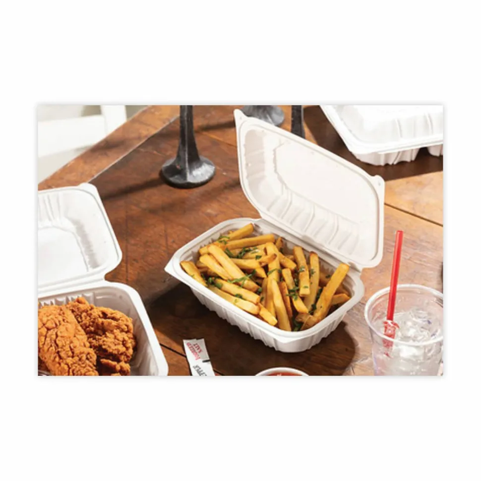 Pactiv Evergreen EarthChoice Vented Microwavable MFPP Hinged Lid Containers, 3-1/8”H x 9”W x 6”D, White, Carton Of 170 Containers