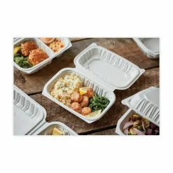 Pactiv Evergreen EarthChoice Vented Microwavable MFPP Hinged Lid Containers, 3-1/8”H x 9”W x 6”D, White, Carton Of 170 Containers