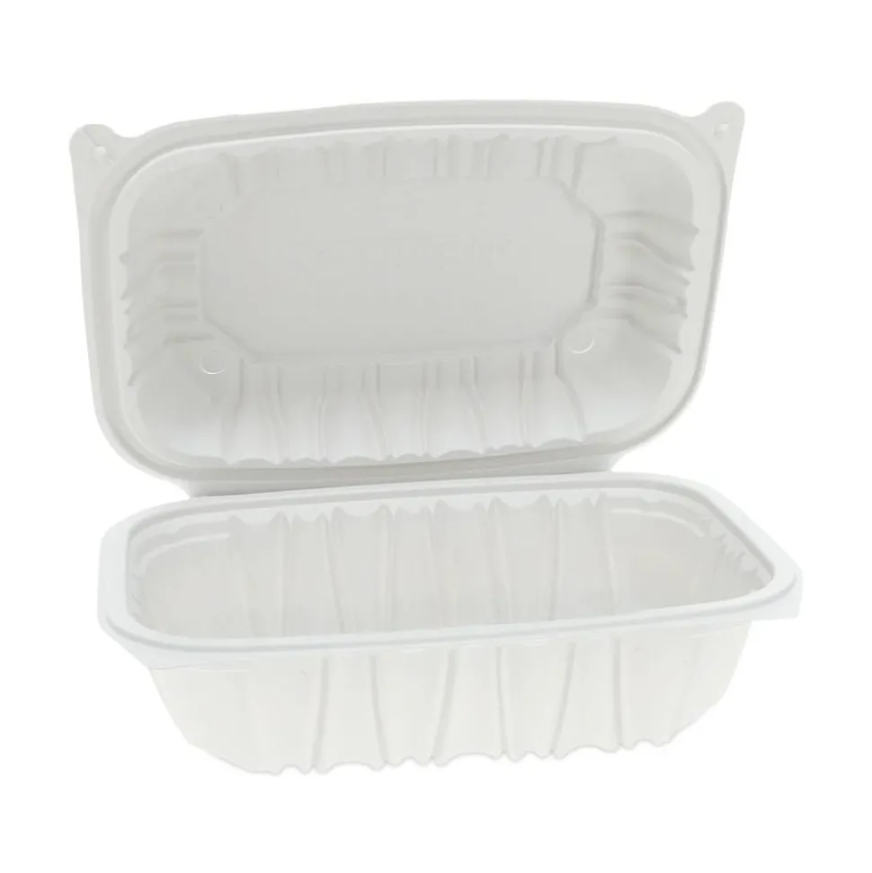Pactiv Evergreen EarthChoice Vented Microwavable MFPP Hinged Lid Containers, 3-1/8”H x 9”W x 6”D, White, Carton Of 170 Containers