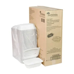 Pactiv Evergreen EarthChoice Vented Microwavable MFPP Hinged Lid Containers, 3-1/8”H x 9”W x 6”D, White, Carton Of 170 Containers