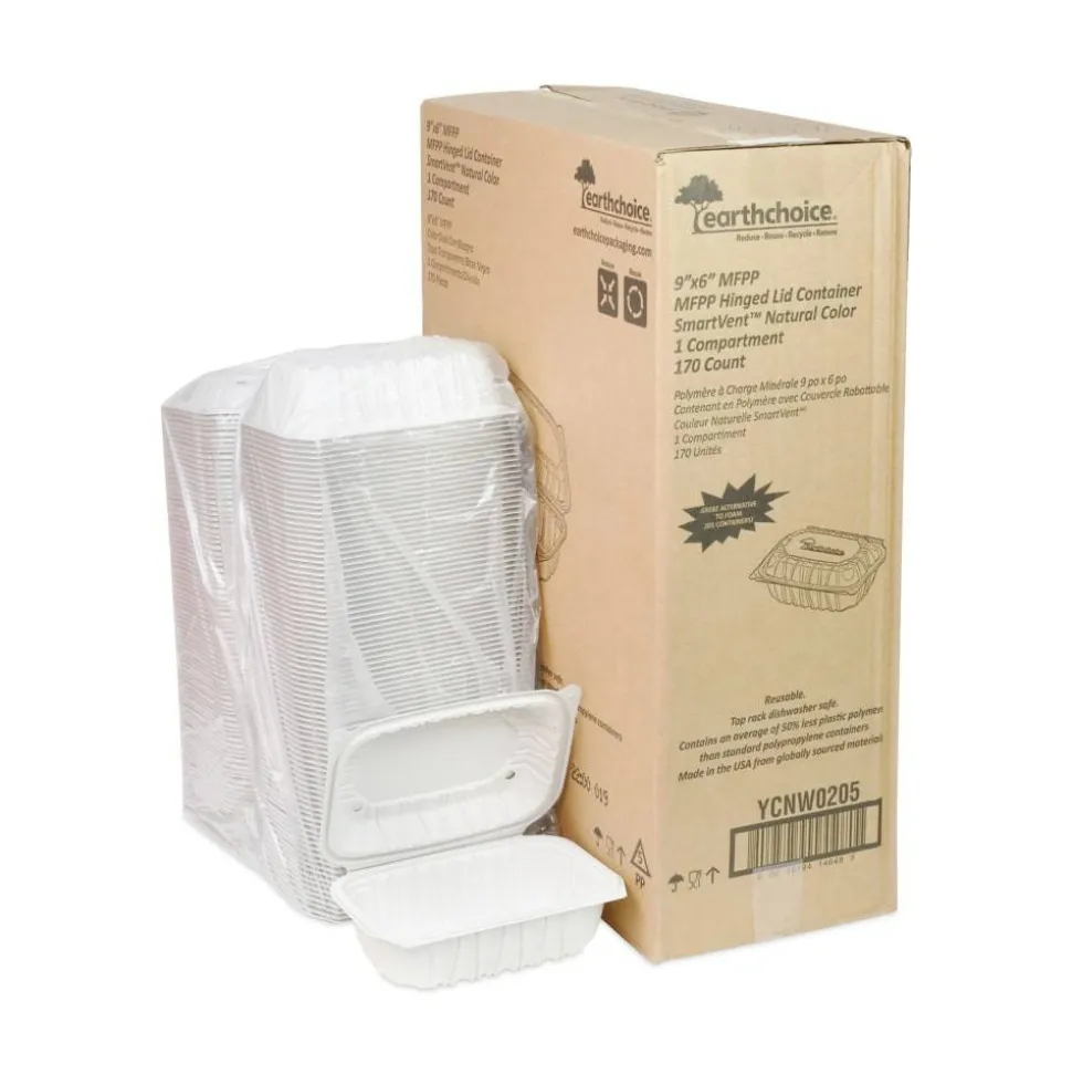 Pactiv Evergreen EarthChoice Vented Microwavable MFPP Hinged Lid Containers, 3-1/8”H x 9”W x 6”D, White, Carton Of 170 Containers