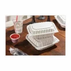 Pactiv Evergreen EarthChoice Vented Microwavable MFPP Hinged Lid Containers, 3-1/8”H x 9”W x 6”D, White, Carton Of 170 Containers