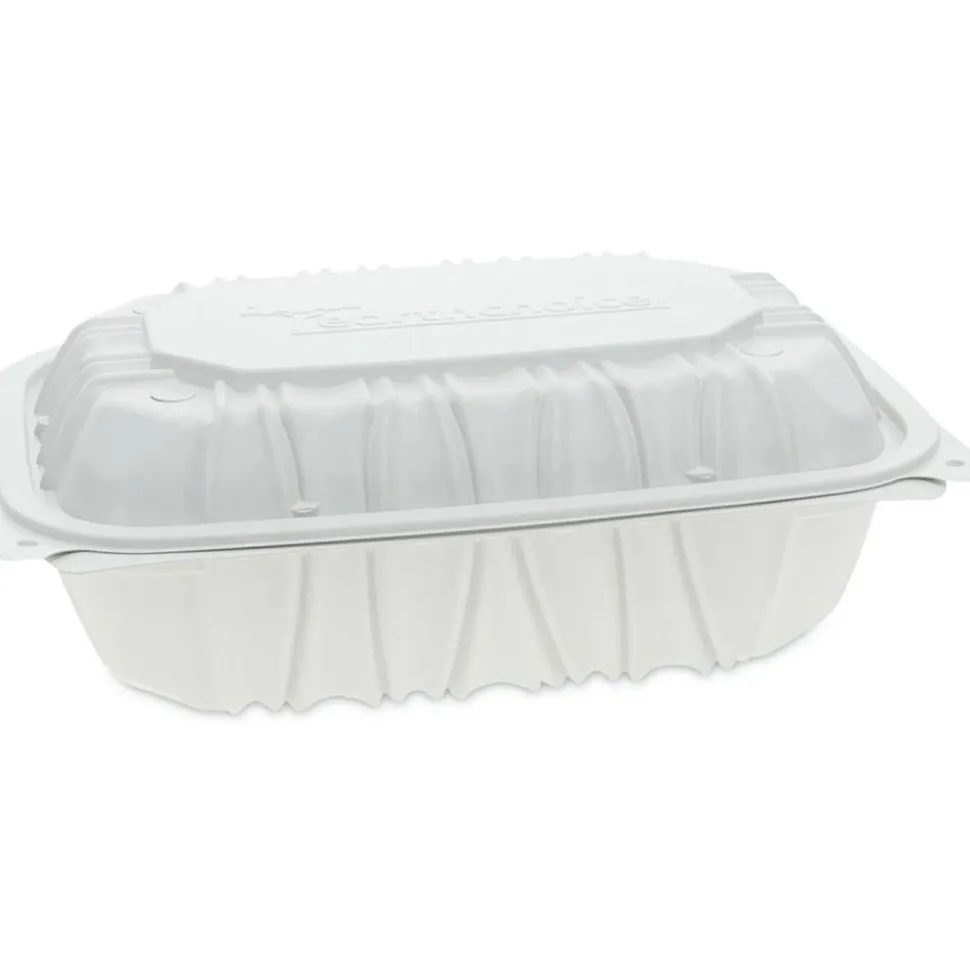 Pactiv Evergreen EarthChoice Vented Microwavable MFPP Hinged Lid Containers, 3-1/8”H x 9”W x 6”D, White, Carton Of 170 Containers