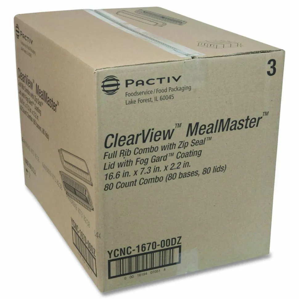 Pactiv Evergreen MealMaster Rib Container Base/Lid, 16.6 x 7.3 x 2.3, Black/Clear, Plastic, 80/Carton