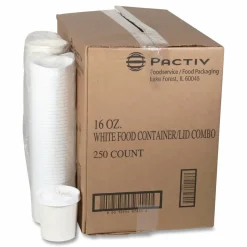 Pactiv Evergreen Paper Round Food Containers With Lids, 16 Oz, White, Carton Of 250 Containers