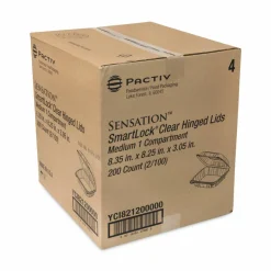 Pactiv Evergreen SENSATION SmartLock Hinged Lid Container, 8.5 x 8.34 x 3., Clear, Plastic, 200/Carton