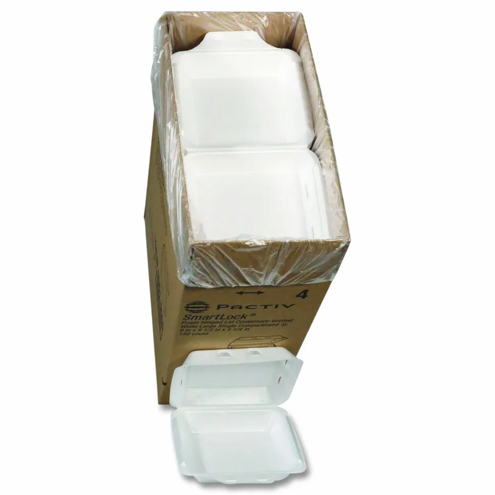 Pactiv Evergreen SmartLock Vented Foam Hinged Lid Container, 9 x 9.5 x 3.3, White, 150/Carton