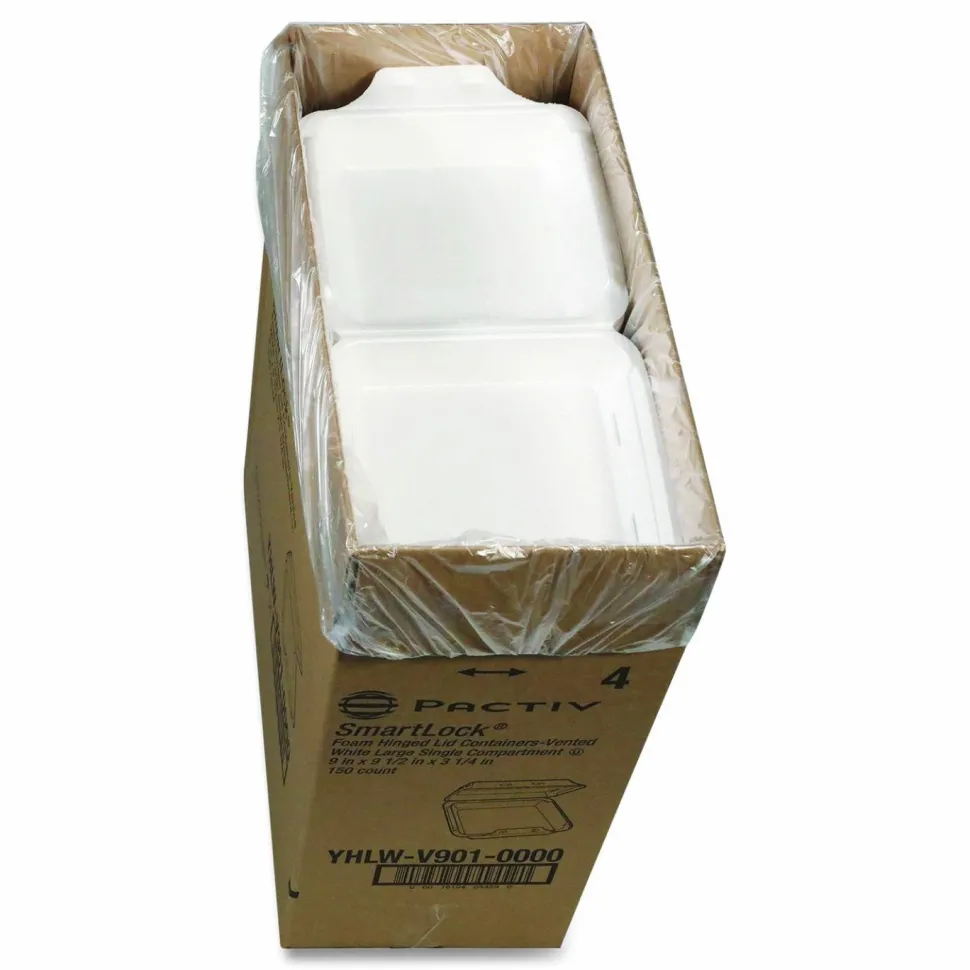 Pactiv Evergreen SmartLock Vented Foam Hinged Lid Container, 9 x 9.5 x 3.3, White, 150/Carton