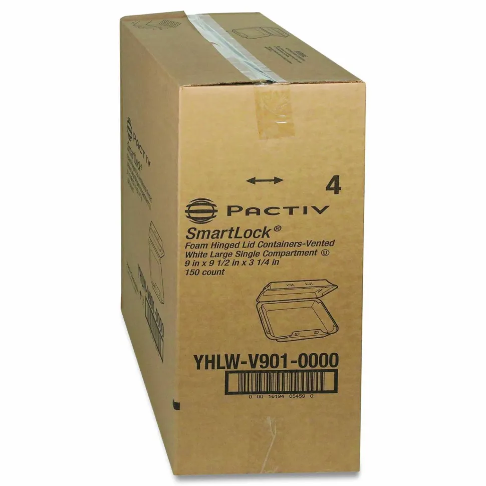 Pactiv Evergreen SmartLock Vented Foam Hinged Lid Container, 9 x 9.5 x 3.3, White, 150/Carton