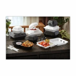 Pactiv Evergreen Vented Foam Hinged Lid Containers, Dual Tab Lock Economy, 3-1/4”H x 9-3/16”W x 9”D, White, Carton Of 150 Containers