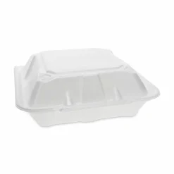 Pactiv Evergreen Vented Foam Hinged Lid Container, Dual Tab Lock, 3 Compartments, 9.1 x 9 x 3.3, White, 150/Carton