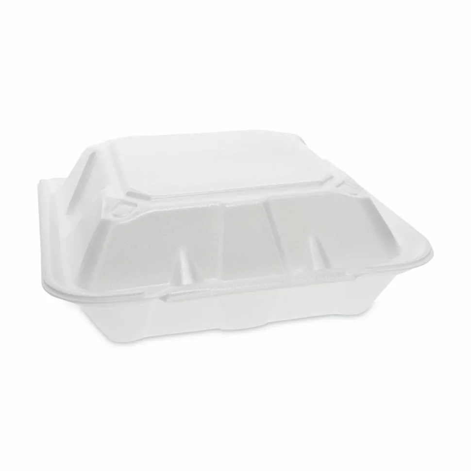 Pactiv Evergreen Vented Foam Hinged Lid Container, Dual Tab Lock, 3 Compartments, 9.1 x 9 x 3.3, White, 150/Carton