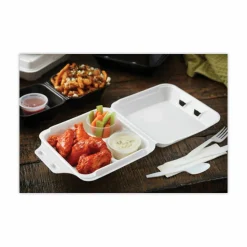 Pactiv Evergreen Vented Foam Hinged Lid Container, Dual Tab Lock, 3 Compartments, 9.1 x 9 x 3.3, White, 150/Carton
