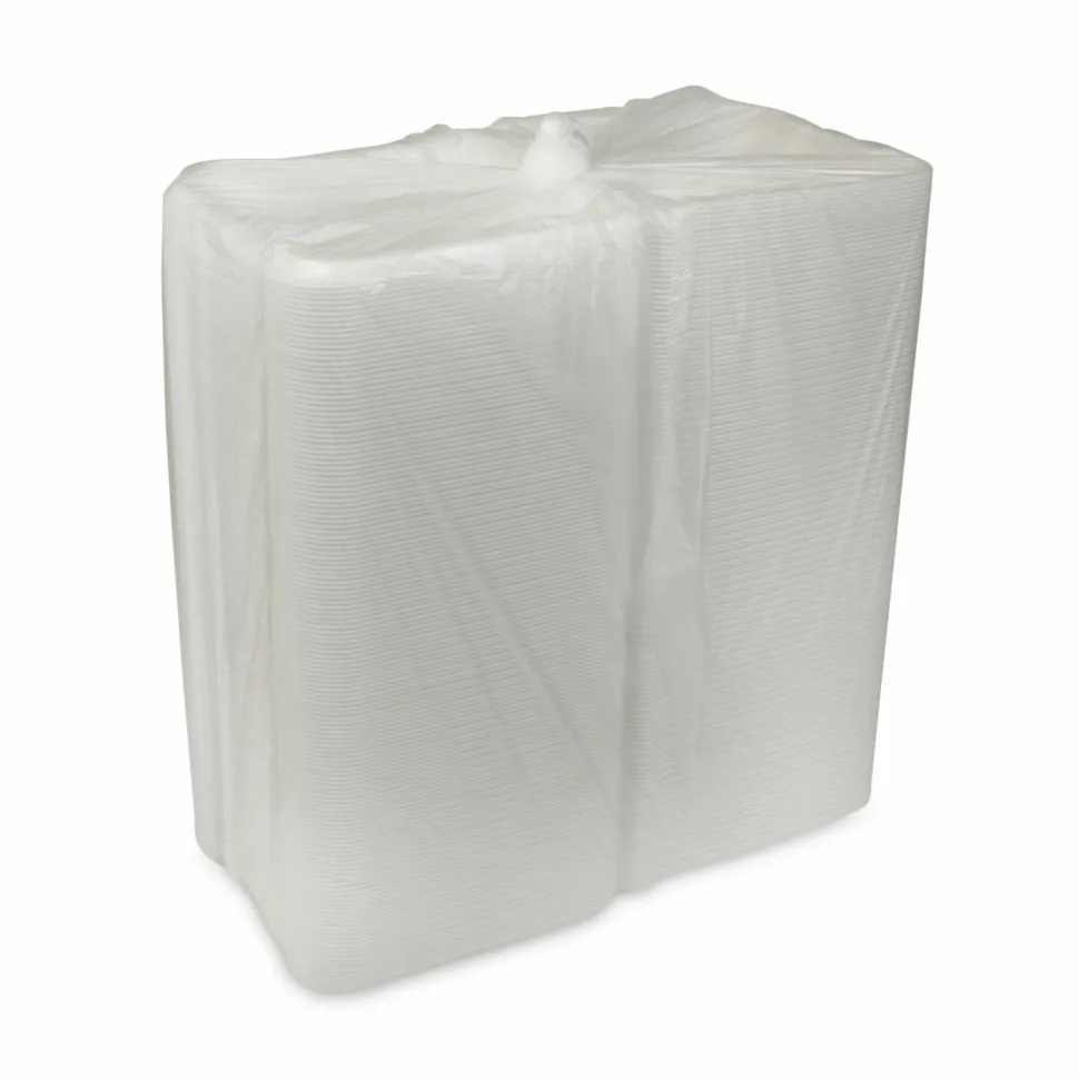 Pactiv Evergreen Vented Foam Hinged Lid Container, Dual Tab Lock, 3 Compartments, 9.1 x 9 x 3.3, White, 150/Carton