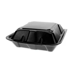 Pactiv Evergreen Vented Foam Hinged Lid Containers, Dual Tab Lock, 3-1/4”H x 9”W x 9”D, Black, Carton Of 150 Containers