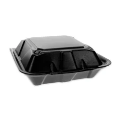 Pactiv Evergreen Vented Foam Hinged Lid Containers, Dual Tab Lock, 3-1/4”H x 9”W x 9”D, Black, Carton Of 150 Containers