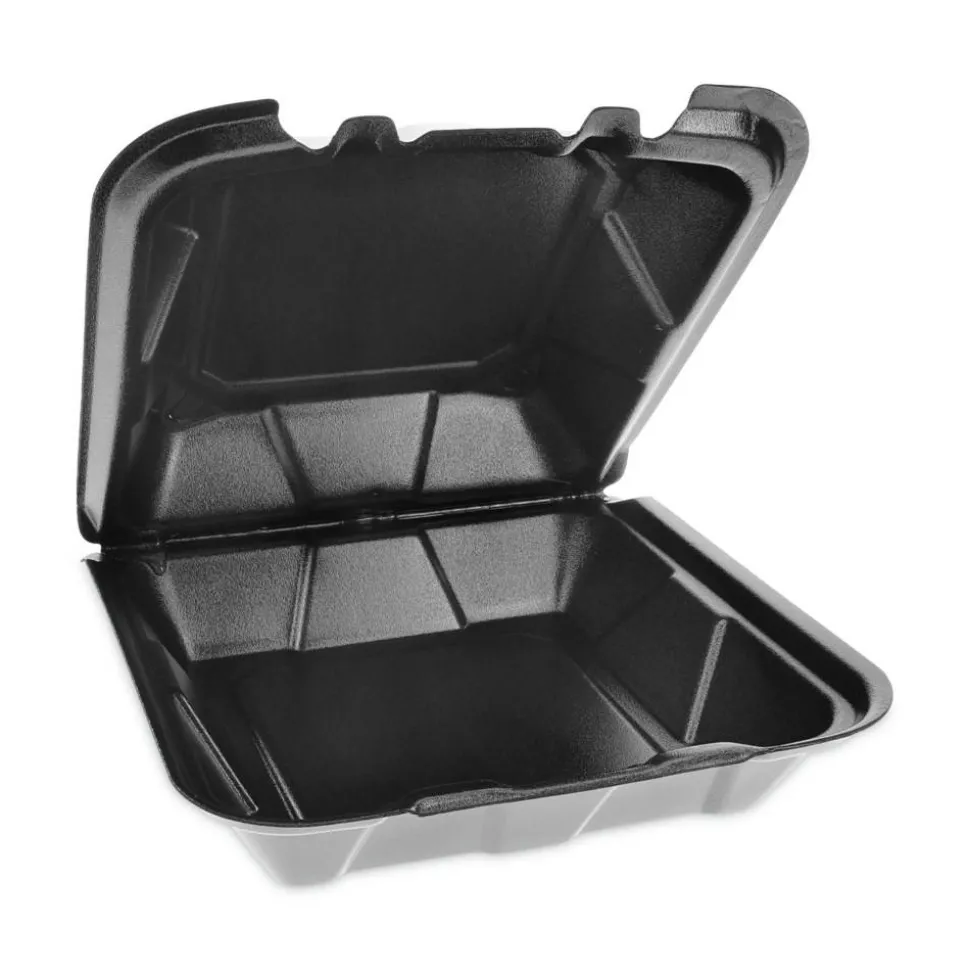 Pactiv Evergreen Vented Foam Hinged Lid Containers, Dual Tab Lock, 3-1/4”H x 9”W x 9”D, Black, Carton Of 150 Containers