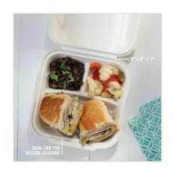 Pactiv Evergreen EarthChoice Bagasse Hinged Lid Containers, 2-13/16”H x 7-13/16”W x 7-13/16”D, Natural, Case Of 150 Containers