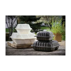 Pactiv Evergreen EarthChoice Bagasse Hinged Lid Containers, 2-13/16”H x 7-13/16”W x 7-13/16”D, Natural, Case Of 150 Containers
