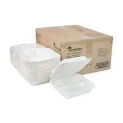 Pactiv Evergreen EarthChoice Bagasse Hinged Lid Containers, 2-13/16”H x 7-13/16”W x 7-13/16”D, Natural, Case Of 150 Containers
