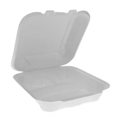 Pactiv Evergreen EarthChoice Bagasse Hinged Lid Containers, 2-13/16”H x 7-13/16”W x 7-13/16”D, Natural, Case Of 150 Containers