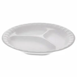 Pactiv Evergreen Placesetter Satin Non-Laminated Foam Dinnerware, 3-Compartment Plate, 9" dia, White, 500/Carton