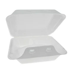 Pactiv Evergreen SmartLock Foam Hinged Lid Containers, Medium, 3-Compartment, 3”H x 8”W x 8-1/2”D, White, Carton Of 150 Containers