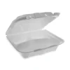 Pactiv Evergreen Vented Foam Hinged Lid Containers, 3-Compartment, Dual Tab Lock Economy, 3”H x 8-7/16”W x 8-3/16”D, White, Carton Of 150 Containers