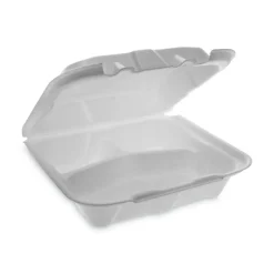 Pactiv Evergreen Vented Foam Hinged Lid Containers, 3-Compartment, Dual Tab Lock Economy, 3”H x 8-7/16”W x 8-3/16”D, White, Carton Of 150 Containers