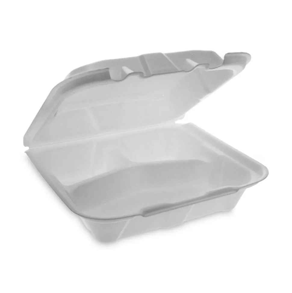 Pactiv Evergreen Vented Foam Hinged Lid Containers, 3-Compartment, Dual Tab Lock Economy, 3”H x 8-7/16”W x 8-3/16”D, White, Carton Of 150 Containers