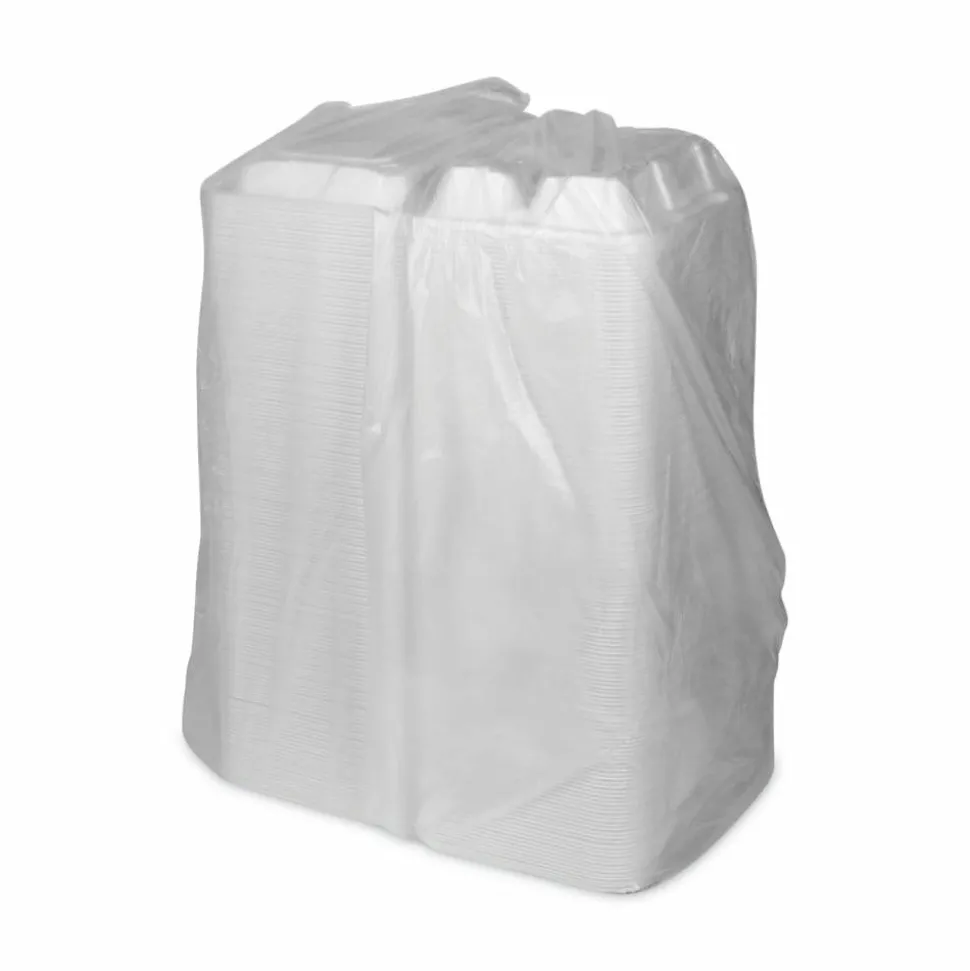 Pactiv Evergreen Vented Foam Hinged Lid Containers, 3-Compartment, Dual Tab Lock Economy, 3”H x 8-7/16”W x 8-3/16”D, White, Carton Of 150 Containers