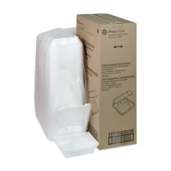 Pactiv Evergreen Vented Foam Hinged Lid Containers, 3-Compartment, Dual Tab Lock Economy, 3”H x 8-7/16”W x 8-3/16”D, White, Carton Of 150 Containers