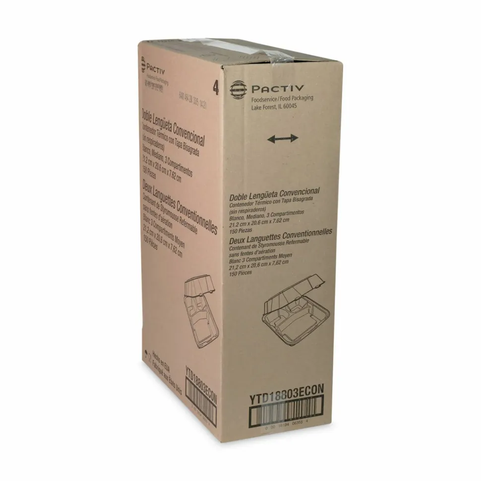 Pactiv Evergreen Vented Foam Hinged Lid Containers, 3-Compartment, Dual Tab Lock Economy, 3”H x 8-7/16”W x 8-3/16”D, White, Carton Of 150 Containers