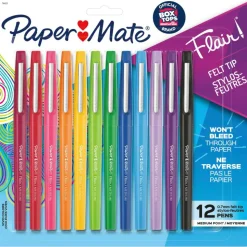 Paper Mate Flair Porous-Point Pens, Medium Point, 0.7 mm, Assorted Ink Colors, Pack Of 12 Pens