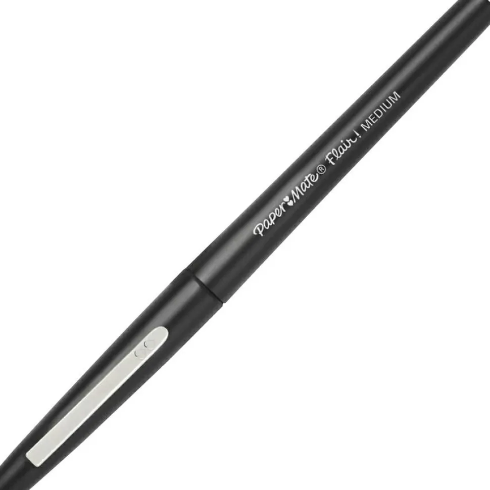 Paper Mate Flair Porous-Point Pens, Medium Point, 0.7 mm, Black Barrel, Black Ink, Pack Of 12 Pens