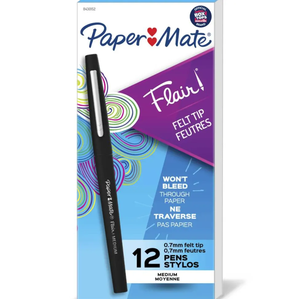 Paper Mate Flair Porous-Point Pens, Medium Point, 0.7 mm, Black Barrel, Black Ink, Pack Of 12 Pens